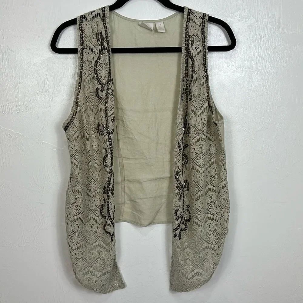 Chico’s Collection Linen Beige Open Front Lace Detailing Vest Size S
